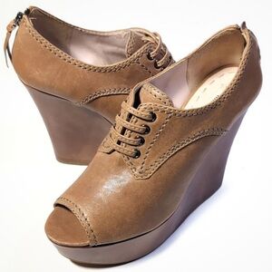 Miu Miu Tan Lace-Up Peep-Toe Wedges